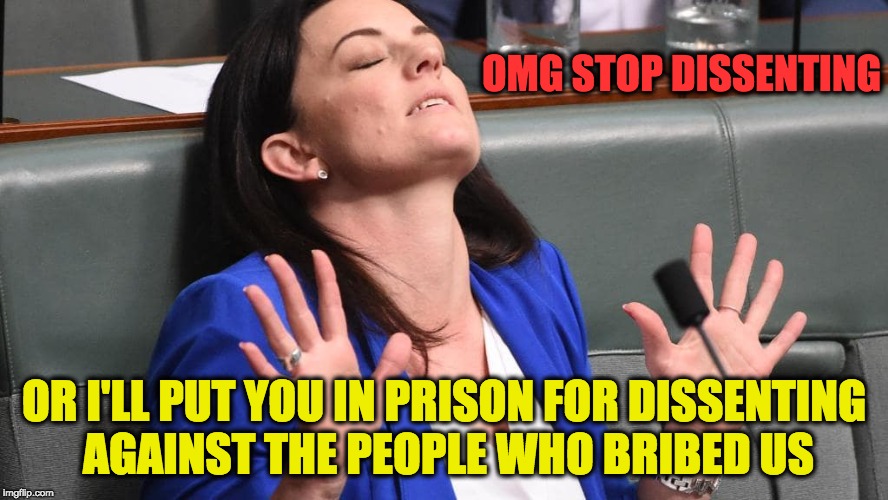 OMG STOP DISSENTING; OR I'LL PUT YOU IN PRISON FOR DISSENTING AGAINST THE PEOPLE WHO BRIBED US | image tagged in emma hussar | made w/ Imgflip meme maker