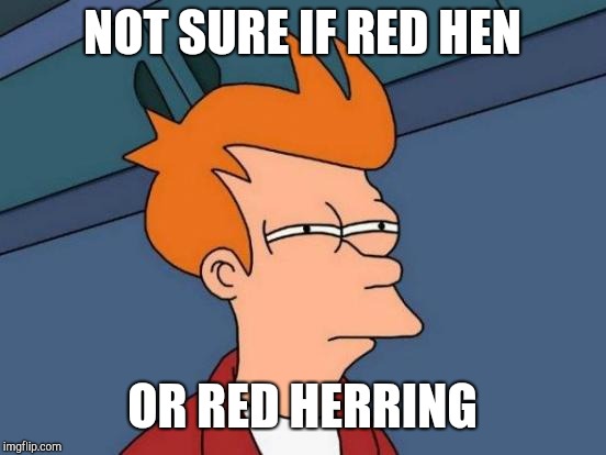 Futurama Fry Meme | NOT SURE IF RED HEN OR RED HERRING | image tagged in memes,futurama fry | made w/ Imgflip meme maker