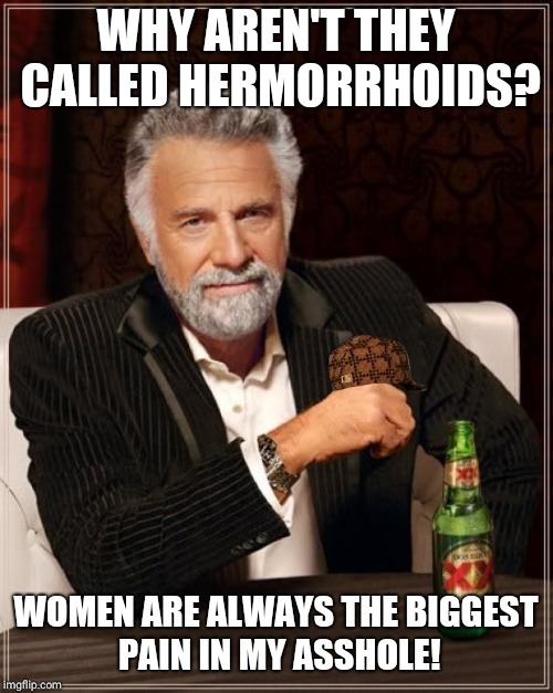The Most Interesting Man In The World Meme | WHY AREN'T THEY CALLED HERMORRHOIDS? WOMEN ARE ALWAYS THE BIGGEST PAIN IN MY ASSHOLE! | image tagged in memes,the most interesting man in the world,scumbag | made w/ Imgflip meme maker