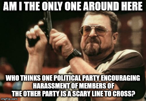 Am I The Only One Around Here | AM I THE ONLY ONE AROUND HERE; WHO THINKS ONE POLITICAL PARTY ENCOURAGING HARASSMENT OF MEMBERS OF THE OTHER PARTY IS A SCARY LINE TO CROSS? | image tagged in memes,am i the only one around here | made w/ Imgflip meme maker