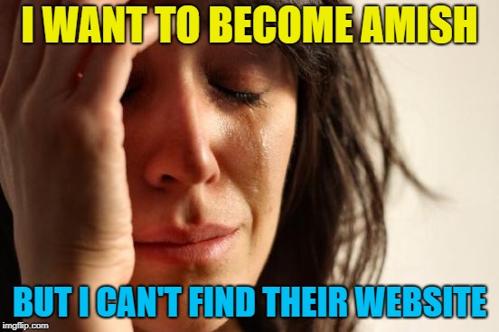 First World Problems Meme | I WANT TO BECOME AMISH BUT I CAN'T FIND THEIR WEBSITE | image tagged in memes,first world problems | made w/ Imgflip meme maker