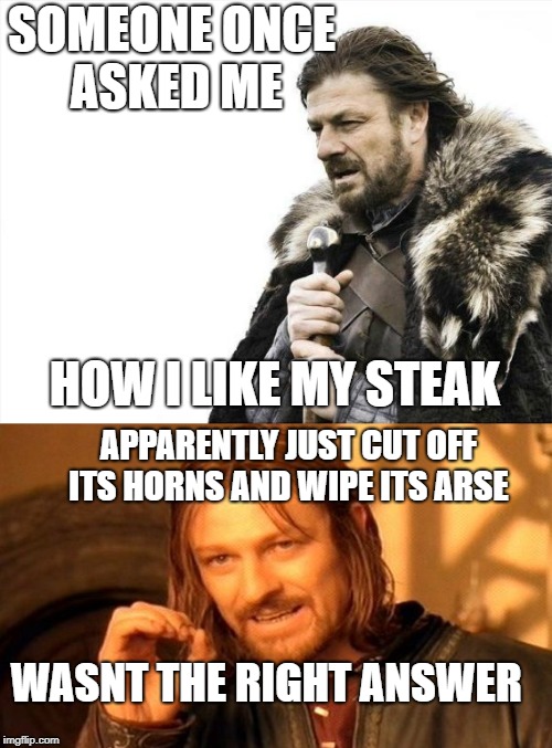 ow doya like thy steak | SOMEONE ONCE ASKED ME; HOW I LIKE MY STEAK; APPARENTLY JUST CUT OFF ITS HORNS AND WIPE ITS ARSE; WASNT THE RIGHT ANSWER | image tagged in first world problems | made w/ Imgflip meme maker