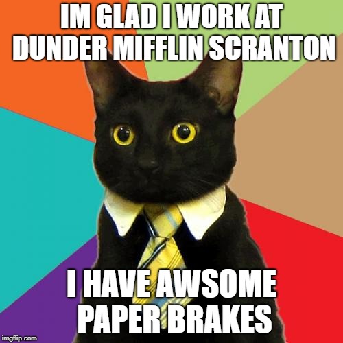 Business Cat Meme | IM GLAD I WORK AT DUNDER MIFFLIN SCRANTON; I HAVE AWSOME PAPER BRAKES | image tagged in memes,business cat | made w/ Imgflip meme maker