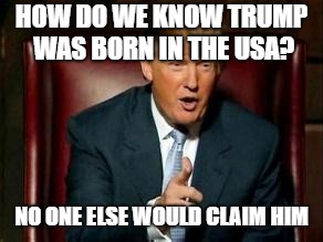 The only country in the world who would admit it... | HOW DO WE KNOW TRUMP WAS BORN IN THE USA? NO ONE ELSE WOULD CLAIM HIM | image tagged in donald trump,america,usa,politics | made w/ Imgflip meme maker