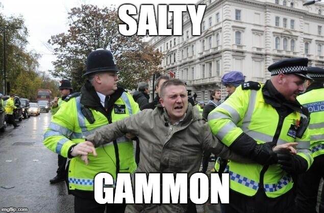  salty gammon | SALTY; GAMMON | image tagged in tommy robinson,edl,racist,thug,fascist,gammon | made w/ Imgflip meme maker