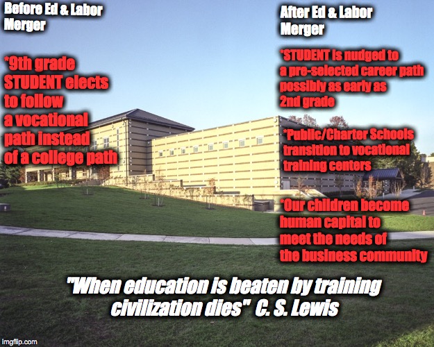 Vocational Ed Before & After | After Ed & Labor Merger; Before Ed & Labor Merger; *STUDENT is nudged to a pre-selected career path possibly as early as 2nd grade; *9th grade STUDENT elects to follow a vocational path instead of a college path; *Public/Charter Schools transition to vocational training centers; *Our children become human capital to meet the needs of the business community; "When education is beaten by training civilization dies"  C. S. Lewis | image tagged in education,secretary of education betsy devos | made w/ Imgflip meme maker