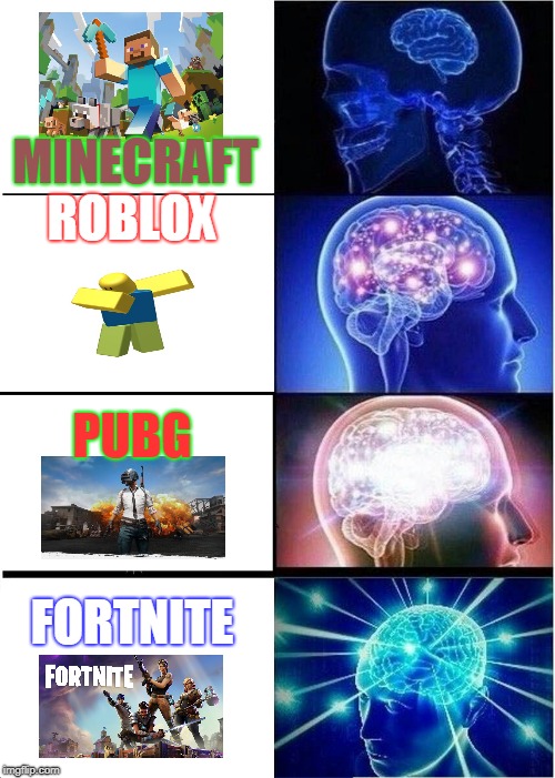 Expanding Brain | MINECRAFT; ROBLOX; PUBG; FORTNITE | image tagged in memes,expanding brain | made w/ Imgflip meme maker
