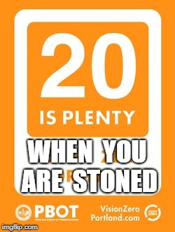 20 IS PLENTY | WHEN  YOU  ARE  STONED | image tagged in pbot,20 is plenty,vision zero,portland vision zero | made w/ Imgflip meme maker