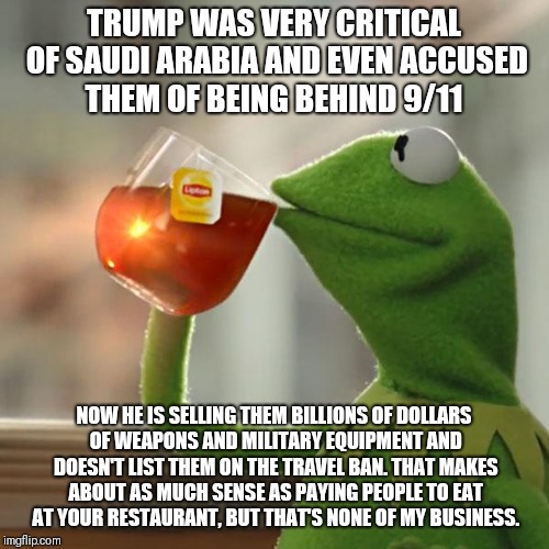 But That's None Of My Business | TRUMP WAS VERY CRITICAL OF SAUDI ARABIA AND EVEN ACCUSED THEM OF BEING BEHIND 9/11; NOW HE IS SELLING THEM BILLIONS OF DOLLARS OF WEAPONS AND MILITARY EQUIPMENT AND DOESN'T LIST THEM ON THE TRAVEL BAN. THAT MAKES ABOUT AS MUCH SENSE AS PAYING PEOPLE TO EAT AT YOUR RESTAURANT, BUT THAT'S NONE OF MY BUSINESS. | image tagged in memes,but thats none of my business,kermit the frog | made w/ Imgflip meme maker