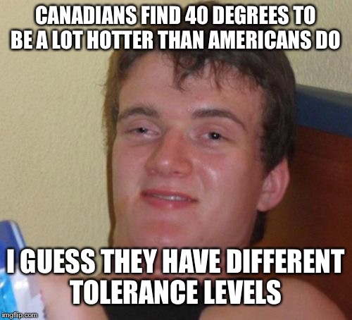 10 Guy | CANADIANS FIND 40 DEGREES TO BE A LOT HOTTER THAN AMERICANS DO; I GUESS THEY HAVE DIFFERENT TOLERANCE LEVELS | image tagged in memes,10 guy | made w/ Imgflip meme maker
