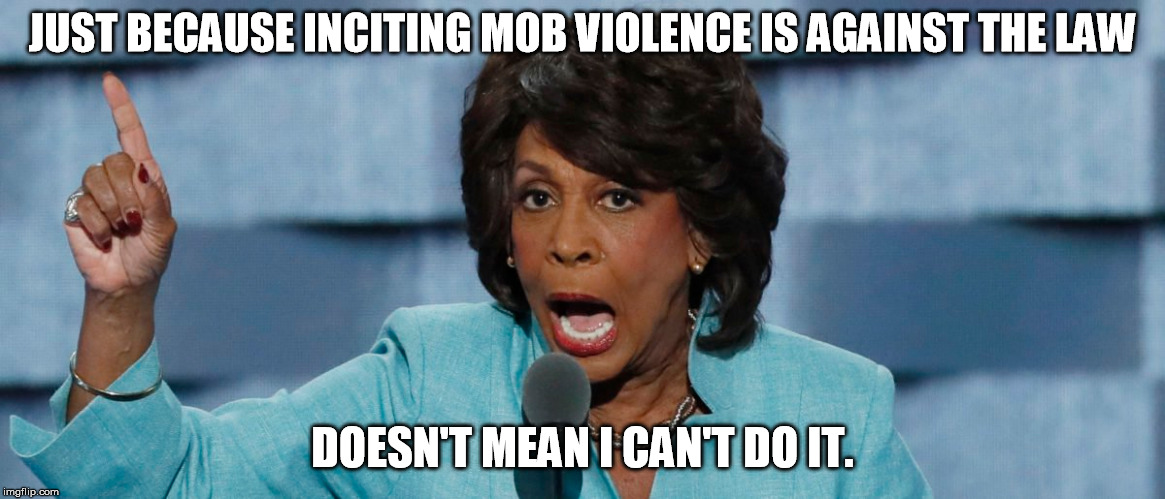 JUST BECAUSE INCITING MOB VIOLENCE IS AGAINST THE LAW; DOESN'T MEAN I CAN'T DO IT. | image tagged in maxine waters,riots,democrats,democrat,liberal logic,angry liberal | made w/ Imgflip meme maker