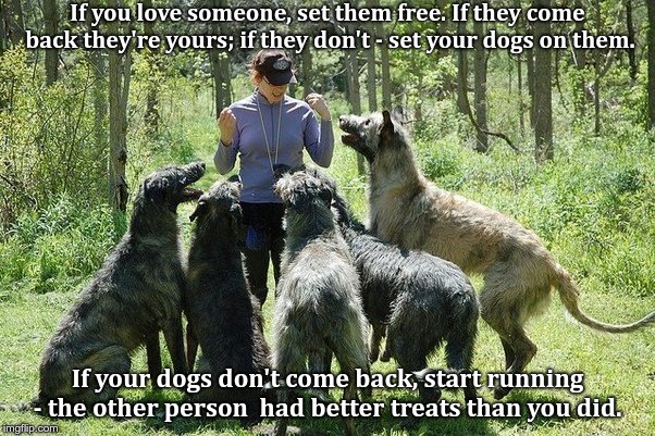 If you love someone, set them free. If they come back they're yours; if they don't - set your dogs on them. If your dogs don't come back, start running - the other person  had better treats than you did. | image tagged in woman w/5 large wolfhounds | made w/ Imgflip meme maker