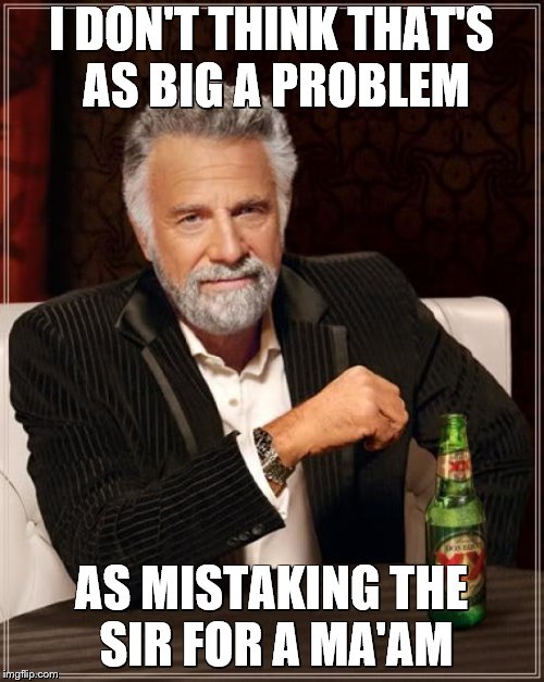 The Most Interesting Man In The World Meme | I DON'T THINK THAT'S AS BIG A PROBLEM AS MISTAKING THE SIR FOR A MA'AM | image tagged in memes,the most interesting man in the world | made w/ Imgflip meme maker
