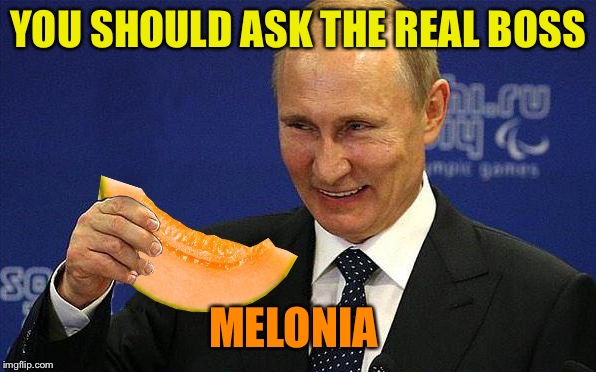 Putin Melon | YOU SHOULD ASK THE REAL BOSS MELONIA | image tagged in putin melon | made w/ Imgflip meme maker