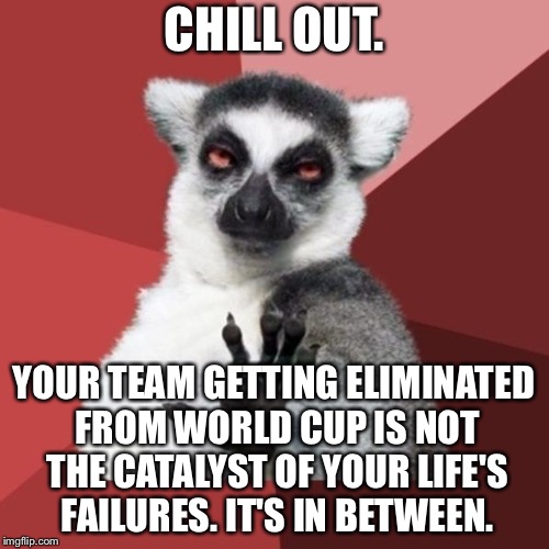 GOOOOOOOOOOO FIX YOURSELF | CHILL OUT. YOUR TEAM GETTING ELIMINATED FROM WORLD CUP IS NOT THE CATALYST OF YOUR LIFE'S FAILURES. IT'S IN BETWEEN. | image tagged in memes,chill out lemur,world cup,problems,failure,soccer | made w/ Imgflip meme maker