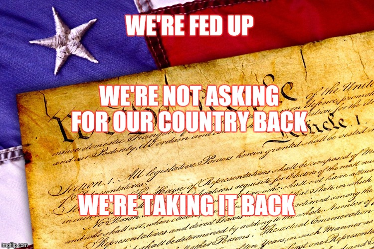 Fed Up | WE'RE FED UP; WE'RE NOT ASKING FOR OUR COUNTRY BACK; WE'RE TAKING IT BACK | image tagged in republican party | made w/ Imgflip meme maker