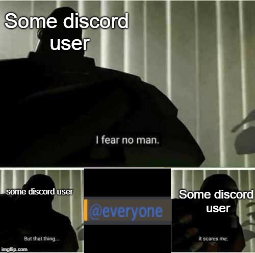 When there is a spammer on your group and your afraid he will spam @everyone | Some discord user; some discord user; Some discord user | image tagged in i fear no man | made w/ Imgflip meme maker
