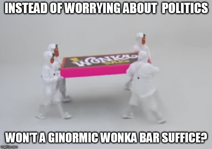 INSTEAD OF WORRYING ABOUT  POLITICS WON'T A GINORMIC WONKA BAR SUFFICE? | made w/ Imgflip meme maker