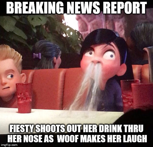 BREAKING NEWS REPORT; FIESTY SHOOTS OUT HER DRINK THRU HER NOSE AS  W00F MAKES HER LAUGH | made w/ Imgflip meme maker