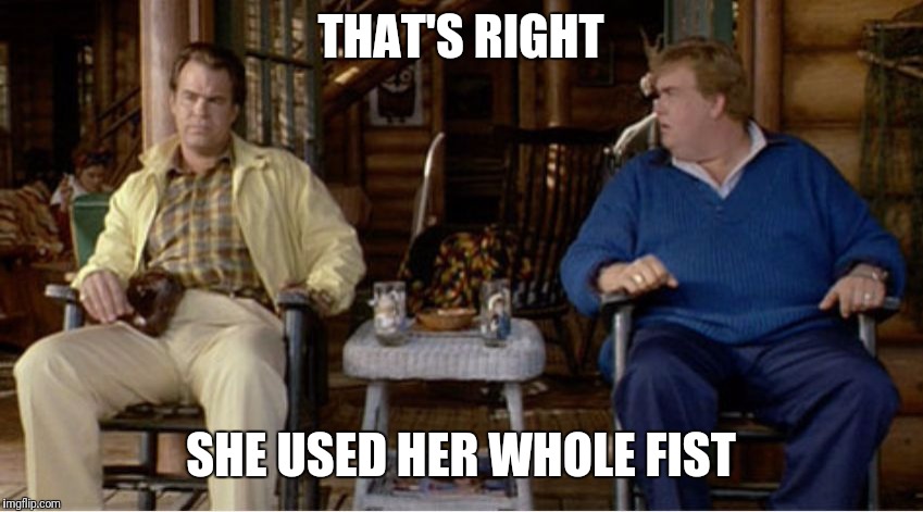 She shure did | THAT'S RIGHT; SHE USED HER WHOLE FIST | image tagged in the great outdoors,john candy,dan aykroyd - ghostbusters,80s,1980's,movies | made w/ Imgflip meme maker