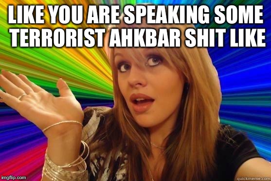 Dumb Blonde Meme | LIKE YOU ARE SPEAKING SOME TERRORIST AHKBAR SHIT LIKE | image tagged in blonde dunce girl | made w/ Imgflip meme maker