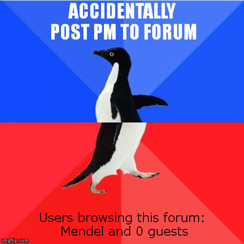 Socially Awkward Awesome Penguin Meme | ACCIDENTALLY POST PM TO FORUM; Users browsing this forum: Mendel and 0 guests | image tagged in memes,socially awkward awesome penguin | made w/ Imgflip meme maker