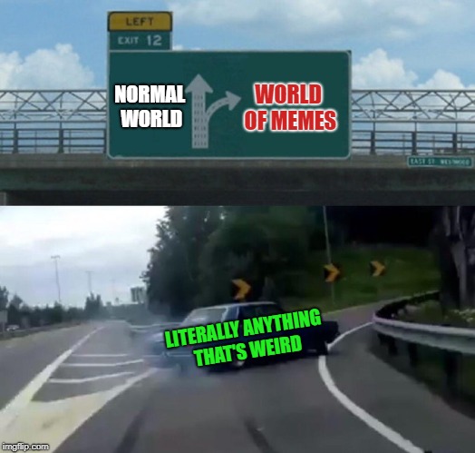 the internet | NORMAL WORLD; WORLD OF MEMES; LITERALLY ANYTHING THAT'S WEIRD | image tagged in memes,left exit 12 off ramp | made w/ Imgflip meme maker