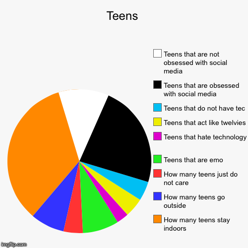 Teens | How many teens stay indoors, How many teens go outside, How many teens just do not care, Teens that are emo, Teens that hate technol | image tagged in funny,pie charts | made w/ Imgflip chart maker