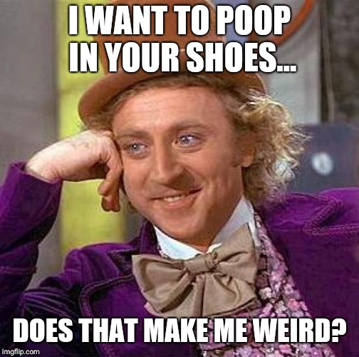 Creepy Condescending Wonka | I WANT TO POOP IN YOUR SHOES... DOES THAT MAKE ME WEIRD? | image tagged in memes,creepy condescending wonka | made w/ Imgflip meme maker