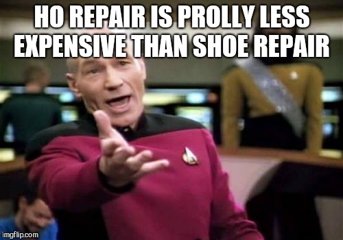Picard Wtf Meme | HO REPAIR IS PROLLY LESS EXPENSIVE THAN SHOE REPAIR | image tagged in memes,picard wtf | made w/ Imgflip meme maker