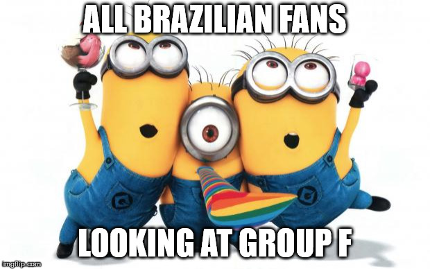 Minion party despicable me | ALL BRAZILIAN FANS; LOOKING AT GROUP F | image tagged in minion party despicable me | made w/ Imgflip meme maker
