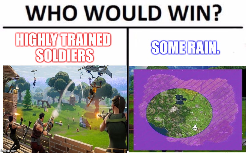 FortNite logic #1 | HIGHLY TRAINED SOLDIERS; SOME RAIN. | image tagged in fortnite,memes,animals,comedy | made w/ Imgflip meme maker