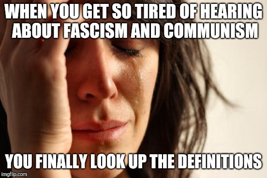 First World Problems Meme | WHEN YOU GET SO TIRED OF HEARING ABOUT FASCISM AND COMMUNISM YOU FINALLY LOOK UP THE DEFINITIONS | image tagged in memes,first world problems | made w/ Imgflip meme maker
