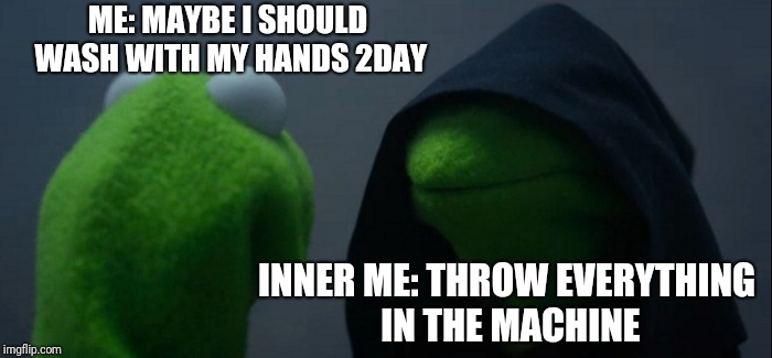 Evil Kermit | ME: MAYBE I SHOULD WASH WITH MY HANDS 2DAY; INNER ME: THROW EVERYTHING IN THE MACHINE | image tagged in memes,evil kermit | made w/ Imgflip meme maker