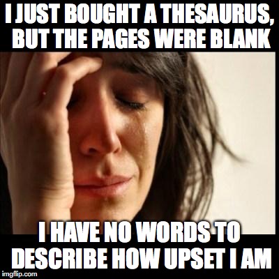 Sad girl meme | I JUST BOUGHT A THESAURUS, BUT THE PAGES WERE BLANK; I HAVE NO WORDS TO DESCRIBE HOW UPSET I AM | image tagged in sad girl meme,pun | made w/ Imgflip meme maker