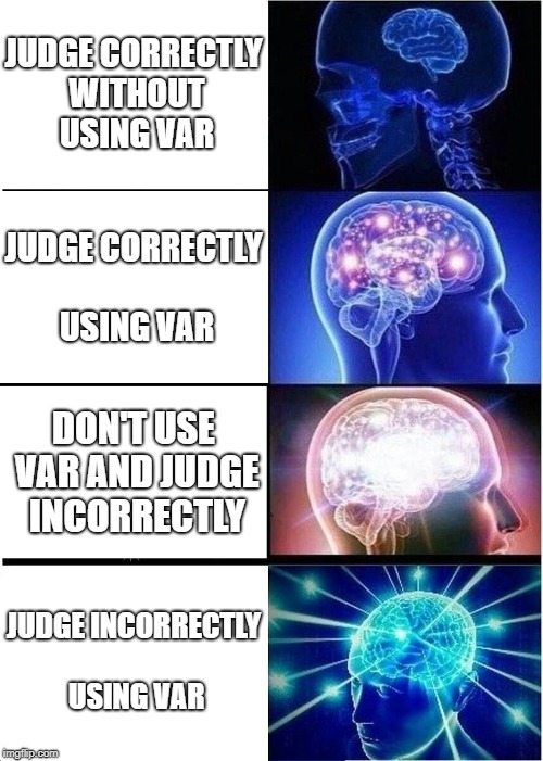 Expanding Brain | JUDGE CORRECTLY WITHOUT USING VAR; JUDGE CORRECTLY USING VAR; DON'T USE VAR AND JUDGE INCORRECTLY; JUDGE INCORRECTLY USING VAR | image tagged in memes,expanding brain | made w/ Imgflip meme maker