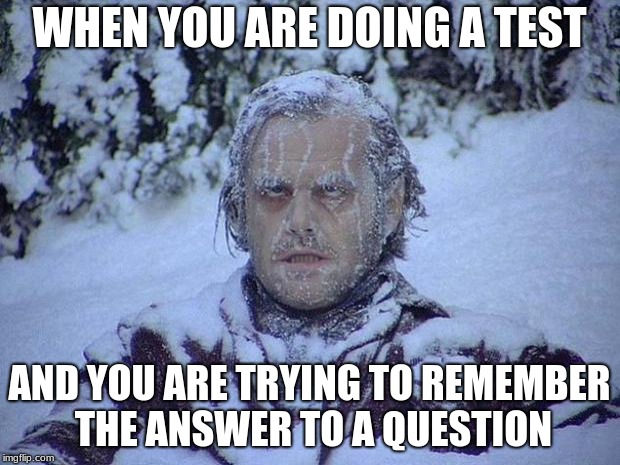 Jack Nicholson The Shining Snow Meme | WHEN YOU ARE DOING A TEST; AND YOU ARE TRYING TO REMEMBER THE ANSWER TO A QUESTION | image tagged in memes,jack nicholson the shining snow | made w/ Imgflip meme maker