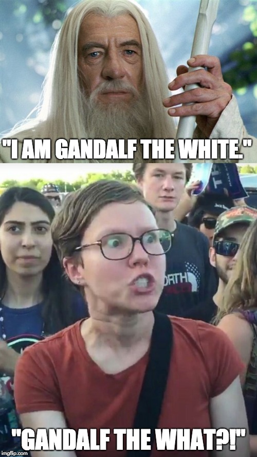 If Lord of the Rings Was Released in 2018 | "I AM GANDALF THE WHITE."; "GANDALF THE WHAT?!" | image tagged in lord of the rings,stupid liberals,triggered liberal,super_triggered,gandalf | made w/ Imgflip meme maker