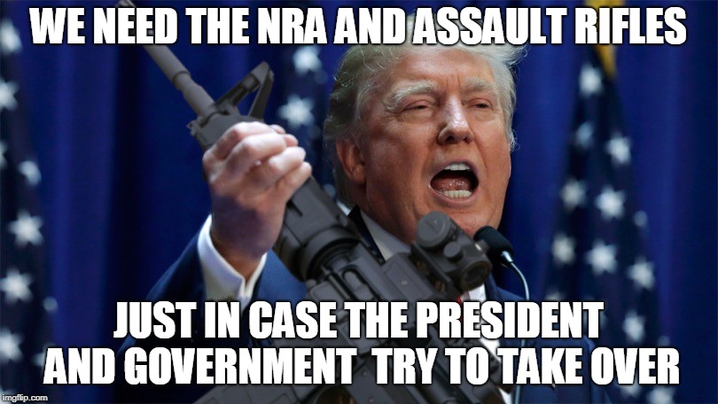 WE NEED THE NRA AND ASSAULT RIFLES; JUST IN CASE THE PRESIDENT AND GOVERNMENT  TRY TO TAKE OVER | made w/ Imgflip meme maker