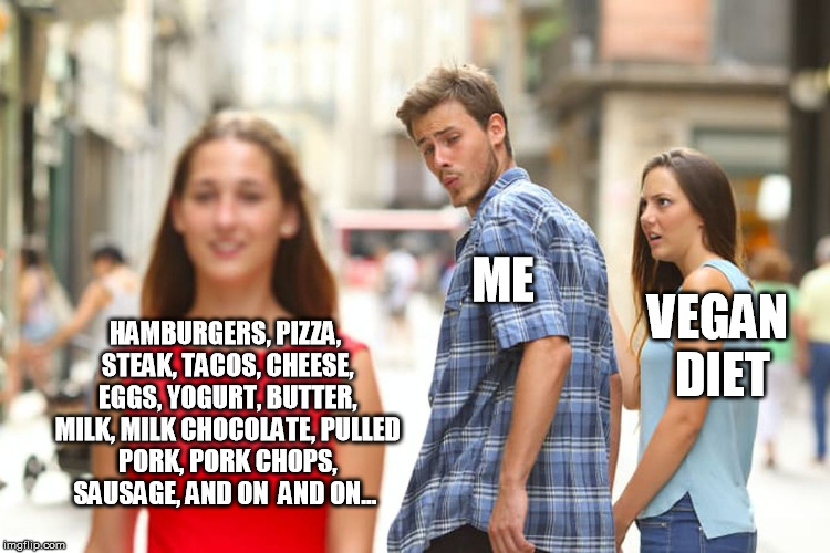 Can't do it, just can't...tried and failed... | ME; HAMBURGERS, PIZZA, STEAK, TACOS, CHEESE, EGGS, YOGURT, BUTTER, MILK, MILK CHOCOLATE, PULLED PORK, PORK CHOPS, SAUSAGE, AND ON  AND ON... VEGAN DIET | image tagged in memes,distracted boyfriend,vegan,meat,vegetarian,food | made w/ Imgflip meme maker