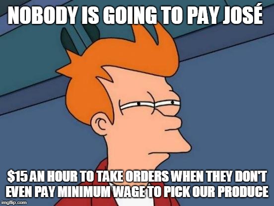 Futurama Fry Meme | NOBODY IS GOING TO PAY JOSÉ $15 AN HOUR TO TAKE ORDERS WHEN THEY DON'T EVEN PAY MINIMUM WAGE TO PICK OUR PRODUCE | image tagged in memes,futurama fry | made w/ Imgflip meme maker