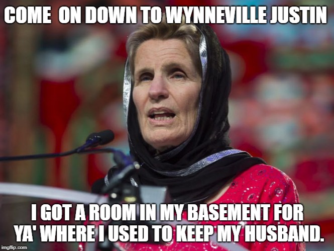 Basement apt | COME  ON DOWN TO WYNNEVILLE JUSTIN; I GOT A ROOM IN MY BASEMENT FOR YA' WHERE I USED TO KEEP MY HUSBAND. | image tagged in liberals | made w/ Imgflip meme maker