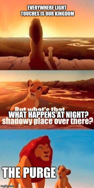 Simba Shadowy Place | EVERYWHERE LIGHT TOUCHES IS OUR KINGDOM; WHAT HAPPENS AT NIGHT? THE PURGE | image tagged in memes,simba shadowy place | made w/ Imgflip meme maker