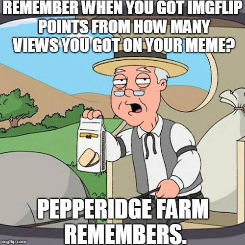 Only the upvotes and the comments matter now! | REMEMBER WHEN YOU GOT IMGFLIP POINTS FROM HOW MANY VIEWS YOU GOT ON YOUR MEME? PEPPERIDGE FARM REMEMBERS. | image tagged in memes,pepperidge farm remembers,meme,imgflip points,imgflip | made w/ Imgflip meme maker