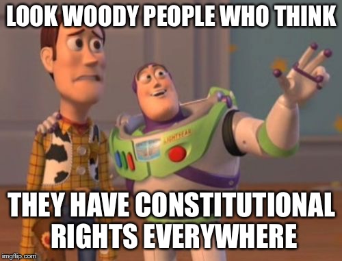 X, X Everywhere Meme | LOOK WOODY PEOPLE WHO THINK THEY HAVE CONSTITUTIONAL RIGHTS EVERYWHERE | image tagged in memes,x x everywhere | made w/ Imgflip meme maker