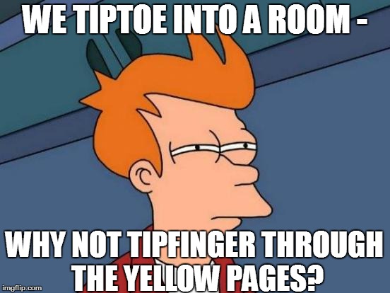 Futurama Fry Meme | WE TIPTOE INTO A ROOM - WHY NOT TIPFINGER THROUGH THE YELLOW PAGES? | image tagged in memes,futurama fry | made w/ Imgflip meme maker