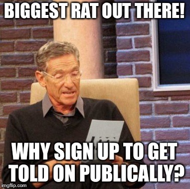 He’s A Rat !!!  | BIGGEST RAT OUT THERE! WHY SIGN UP TO GET TOLD ON PUBLICALLY? | image tagged in memes,rat,tattletail,funny memes,tv show | made w/ Imgflip meme maker