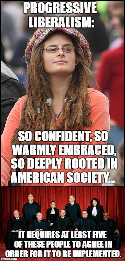The Flimsy Thread That Liberalism Hangs From | PROGRESSIVE LIBERALISM:; SO CONFIDENT, SO WARMLY EMBRACED, SO DEEPLY ROOTED IN AMERICAN SOCIETY... IT REQUIRES AT LEAST FIVE OF THESE PEOPLE TO AGREE IN ORDER FOR IT TO BE IMPLEMENTED. | image tagged in memes,liberals | made w/ Imgflip meme maker