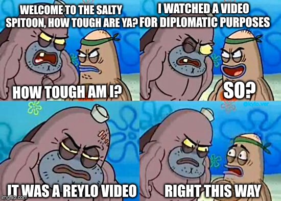 Welcome to the Salty Spitoon | I WATCHED A VIDEO FOR DIPLOMATIC PURPOSES; WELCOME TO THE SALTY SPITOON, HOW TOUGH ARE YA? HOW TOUGH AM I? SO? @kylo.ver; IT WAS A REYLO VIDEO; RIGHT THIS WAY | image tagged in welcome to the salty spitoon | made w/ Imgflip meme maker