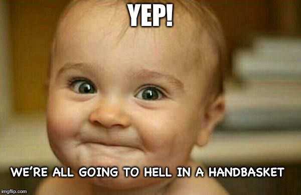 Excited as hell | YEP! WE’RE ALL GOING TO HELL
IN A HANDBASKET | image tagged in excited as hell | made w/ Imgflip meme maker